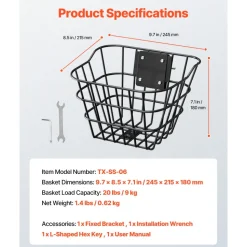 VEVOR Front Bike Basket, Electric Scooter Basket with Fixed Bracket - Max Bearing 20 lbs, Construct from Solid Steel, Kids Bike Basket/Adult Bicycle Basket/Knee Electric Scooter Accessories