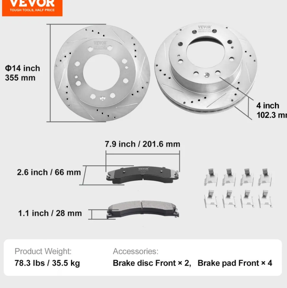 VEVOR Front Brake Kit Compatible with 2011-2019 Chevy Silverado GMC Sierra 2500 3500 HD, Drilled and Slotted Brake Rotors Ceramic Brake Pads Replacement Kit, 14" Front Rotors
