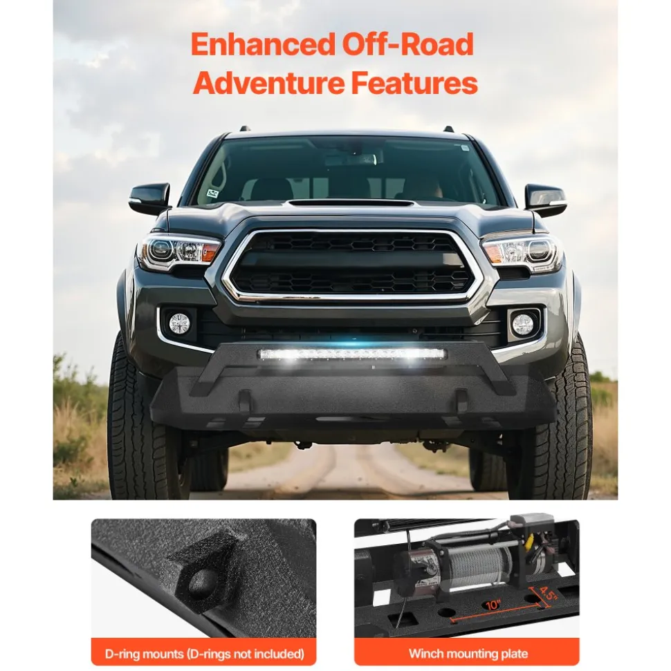 VEVOR Front Bumper Compatible with 2016-2023 Toyota Tacoma (Excluding Tacoma TRD/Tacoma TRD Sport), Pickup Truck Bumper with LED Light Bar, Winch Plate & D-Rings Mounts, Heavy-Duty Steel Front Bumper with E-Coating