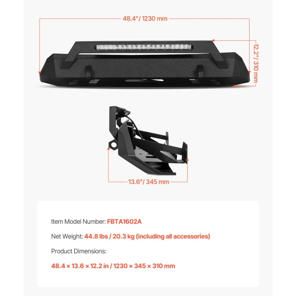 VEVOR Front Bumper Compatible with 2016-2023 Toyota Tacoma (Excluding Tacoma TRD/Tacoma TRD Sport), Pickup Truck Bumper with LED Light Bar, Winch Plate & D-Rings Mounts, Heavy-Duty Steel Front Bumper with E-Coating