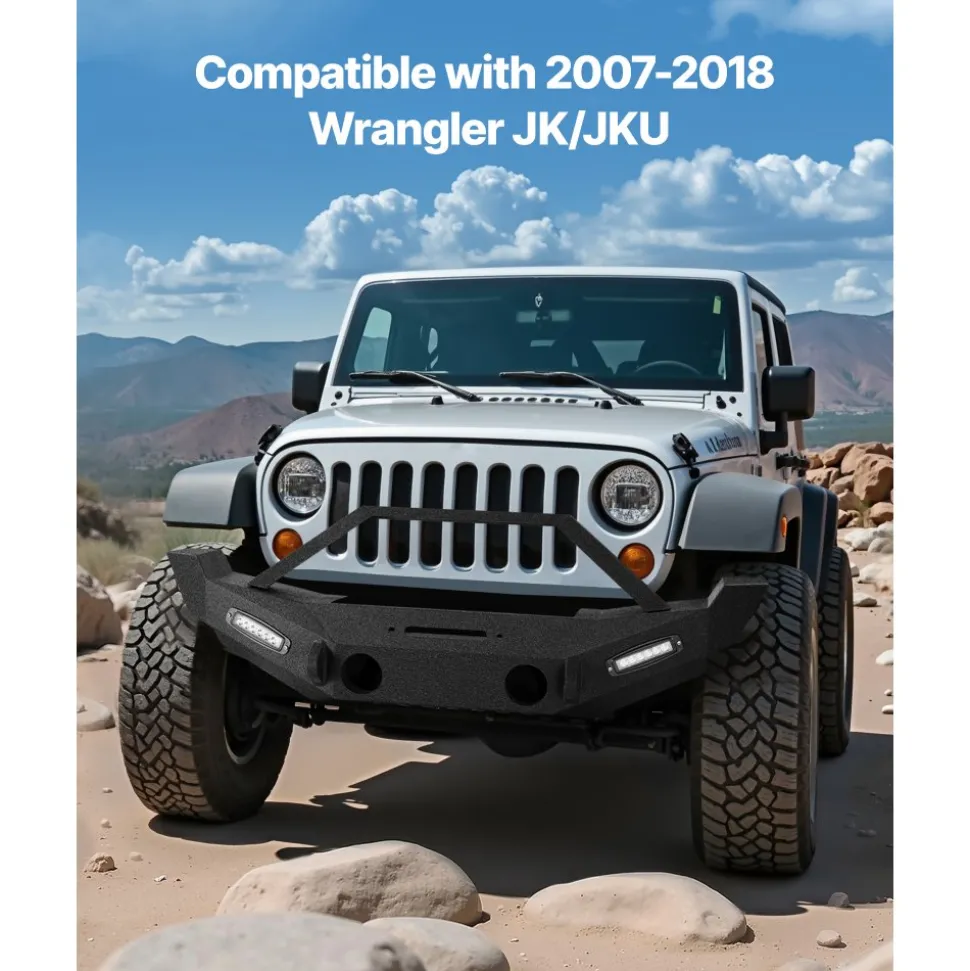 VEVOR Front Bumper Compatible with 2007-2018 Wrangler JK/JKU, Heavy-Duty Steel Front Bumper with 2PCS LED Light Bars, Winch Plate, Fog Light Housing and D-Ring Mounts