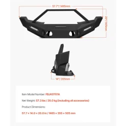 VEVOR Front Bumper Compatible with 2007-2018 Wrangler JK/JKU, Heavy-Duty Steel Front Bumper with 2PCS LED Light Bars, Winch Plate, Fog Light Housing and D-Ring Mounts