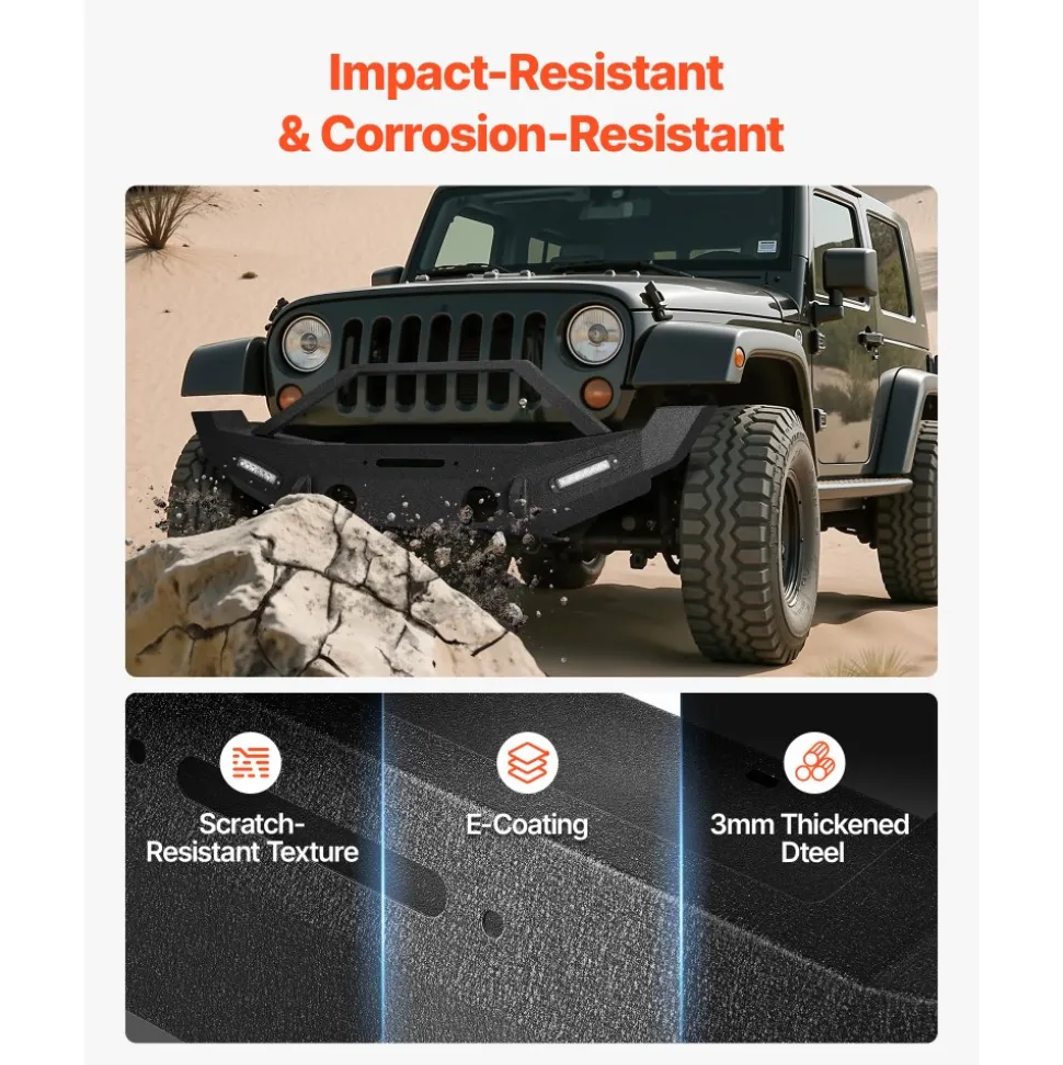 VEVOR Front Bumper Compatible with 2007-2018 Wrangler JK/JKU, Heavy-Duty Steel Front Bumper with 2PCS LED Light Bars, Winch Plate, Fog Light Housing and D-Ring Mounts