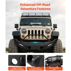 VEVOR Front Bumper Compatible with 2007-2018 Wrangler JK/JKU, Heavy-Duty Steel Front Bumper with 2PCS LED Light Bars, Winch Plate, Fog Light Housing and D-Ring Mounts