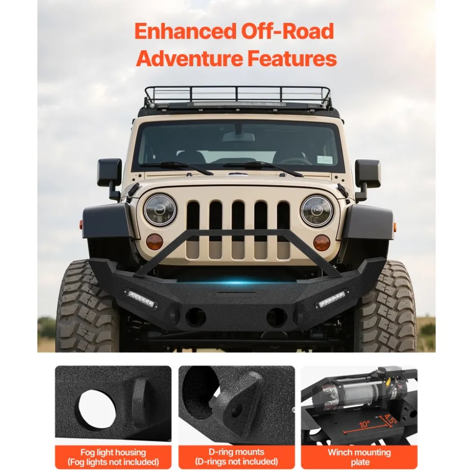 VEVOR Front Bumper Compatible with 2007-2018 Wrangler JK/JKU, Heavy-Duty Steel Front Bumper with 2PCS LED Light Bars, Winch Plate, Fog Light Housing and D-Ring Mounts
