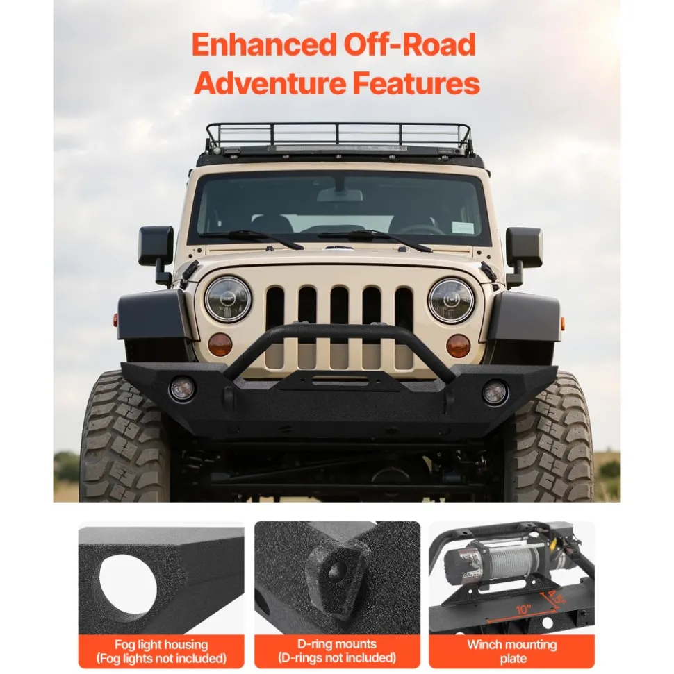 VEVOR Front Bumper Compatible with 2007-2018 Wrangler JK/JKU - with Winch Plate, D-Ring Mounts & Fog Light Housing, Heavy-Duty Steel Front Bumper with E-Coating