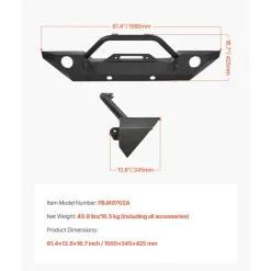 VEVOR Front Bumper Compatible with 2007-2018 Wrangler JK/JKU - with Winch Plate, D-Ring Mounts & Fog Light Housing, Heavy-Duty Steel Front Bumper with E-Coating