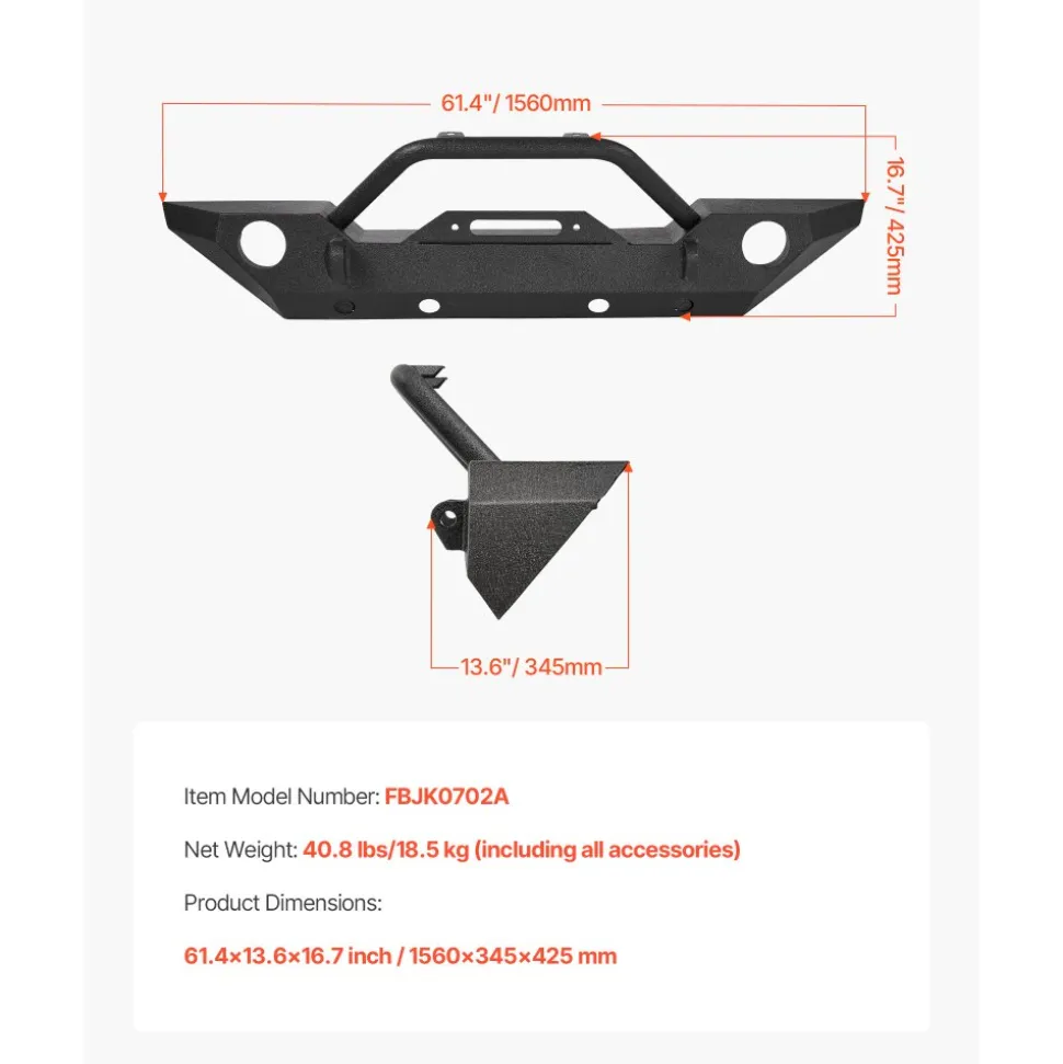 VEVOR Front Bumper Compatible with 2007-2018 Wrangler JK/JKU - with Winch Plate, D-Ring Mounts & Fog Light Housing, Heavy-Duty Steel Front Bumper with E-Coating