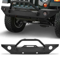 VEVOR Front Bumper Compatible with 2007-2018 Wrangler JK/JKU - with Winch Plate, D-Ring Mounts & Fog Light Housing, Heavy-Duty Steel Front Bumper with E-Coating