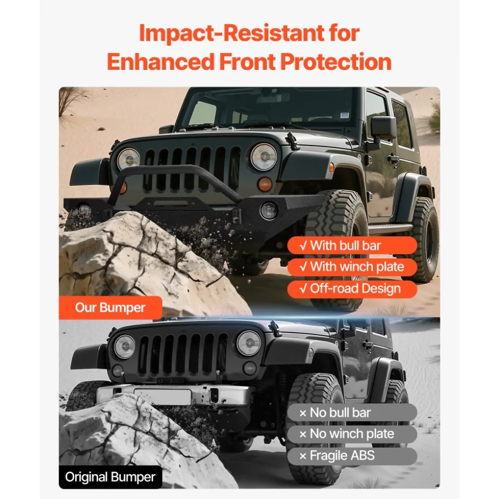 VEVOR Front Bumper Compatible with 2007-2018 Wrangler JK/JKU - with Winch Plate, D-Ring Mounts & Fog Light Housing, Heavy-Duty Steel Front Bumper with E-Coating