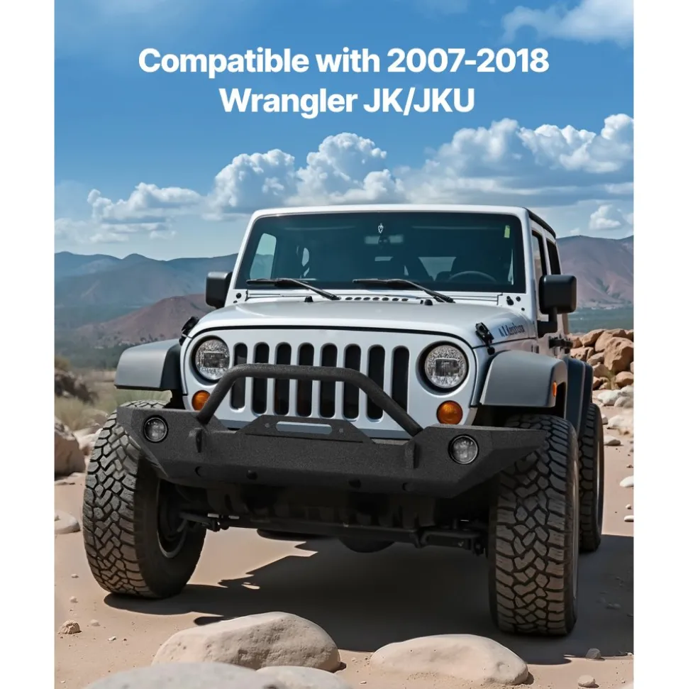 VEVOR Front Bumper Compatible with 2007-2018 Wrangler JK/JKU - with Winch Plate, D-Ring Mounts & Fog Light Housing, Heavy-Duty Steel Front Bumper with E-Coating