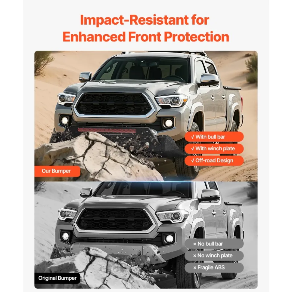 VEVOR Front Bumper Compatible with 2016-2023 Toyota Tacoma (Excluding Tacoma TRD/Tacoma TRD Sport), Pickup Truck Bumper with Winch Plate & D-Ring Mounts, Heavy-Duty Steel Front Bumpers with E-Coating and Bull Bar