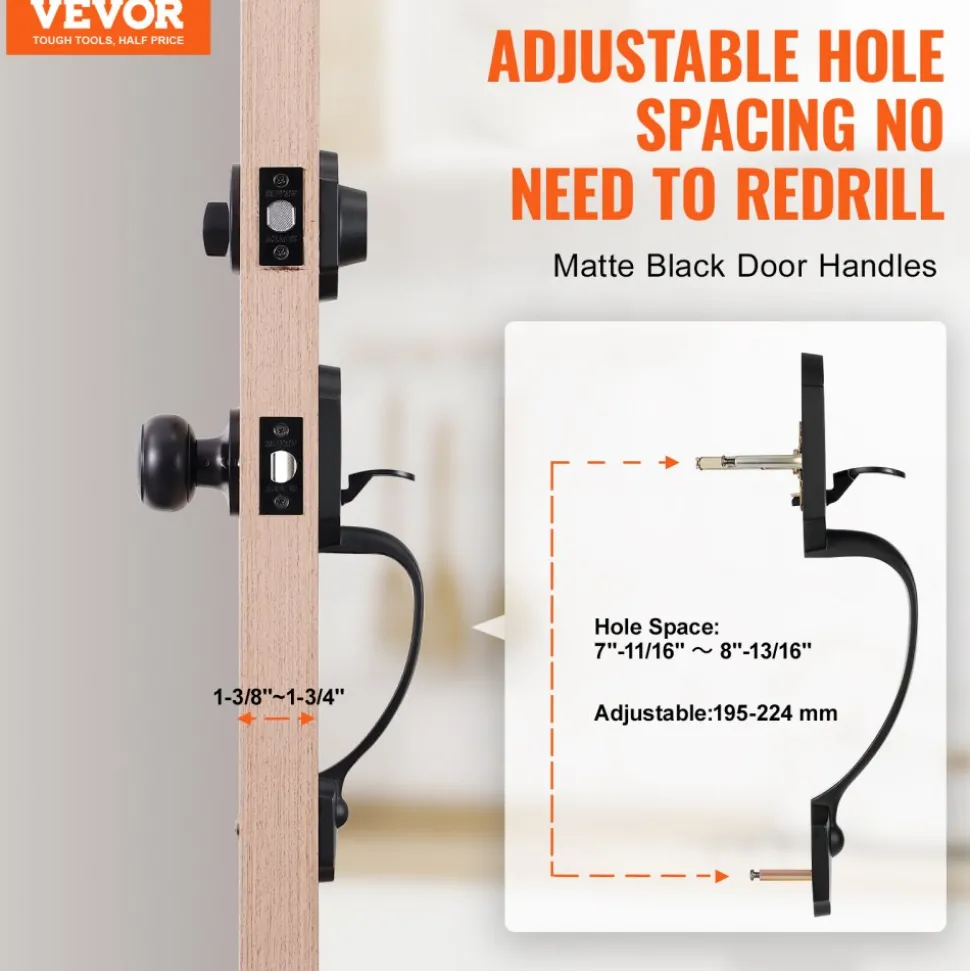 VEVOR Front Door Handle and Deadbolt Set, Matte Black Front Door Lock Set with Interior Knob, Adjustable Hole Spacing Single Cylinder Handleset, for Right and Left Handed Entrance and Front Door