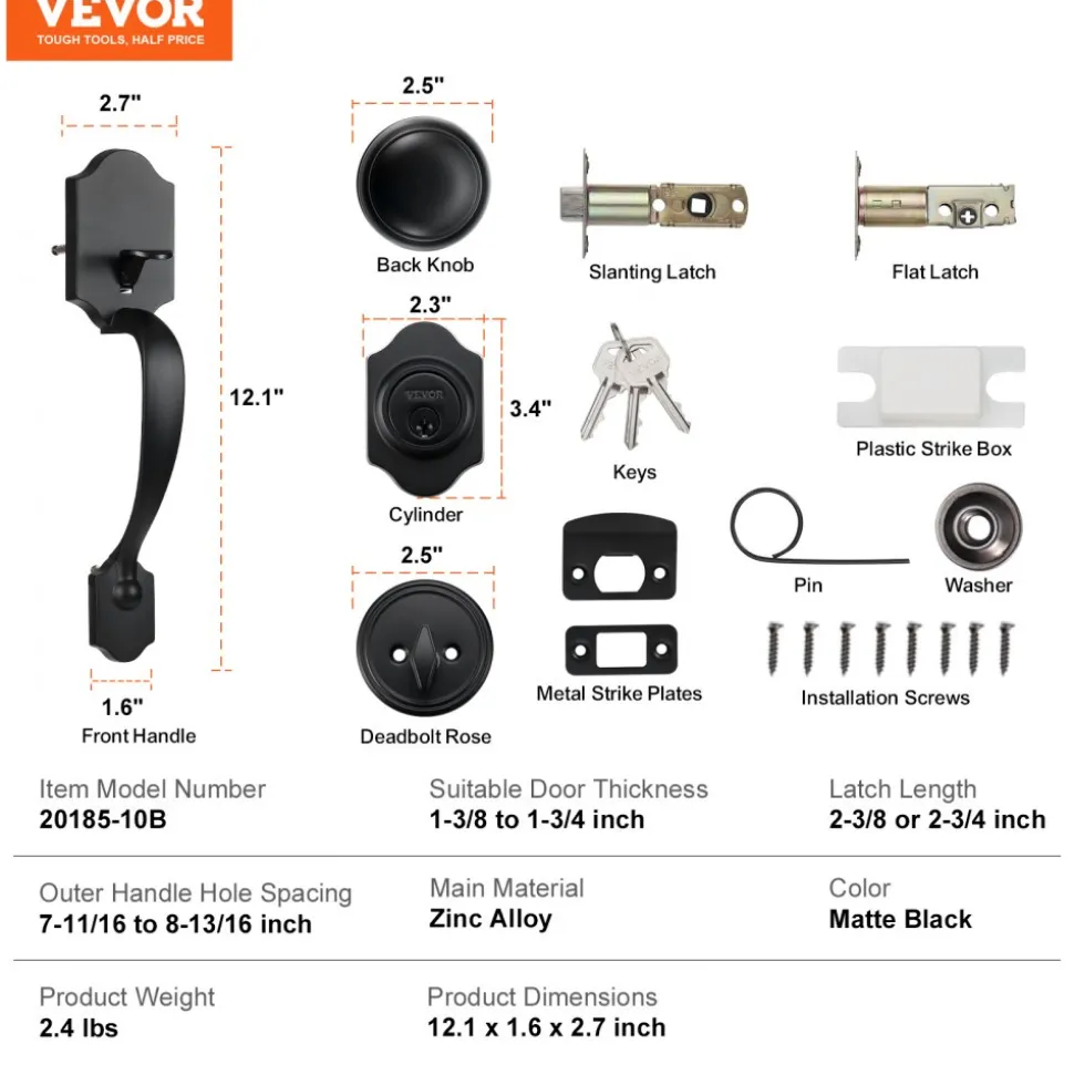 VEVOR Front Door Handle and Deadbolt Set, Matte Black Front Door Lock Set with Interior Knob, Adjustable Hole Spacing Single Cylinder Handleset, for Right and Left Handed Entrance and Front Door