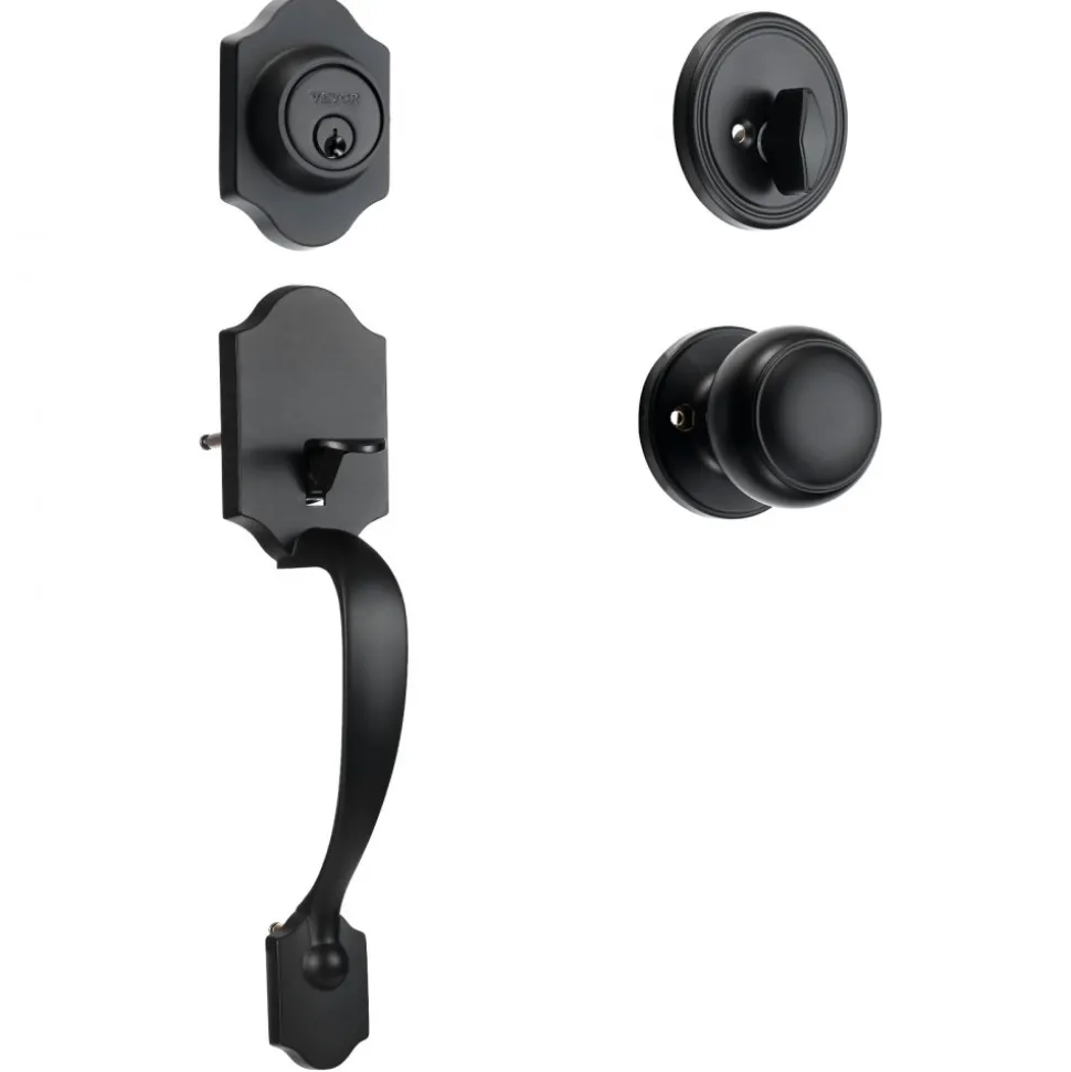VEVOR Front Door Handle and Deadbolt Set, Matte Black Front Door Lock Set with Interior Knob, Adjustable Hole Spacing Single Cylinder Handleset, for Right and Left Handed Entrance and Front Door