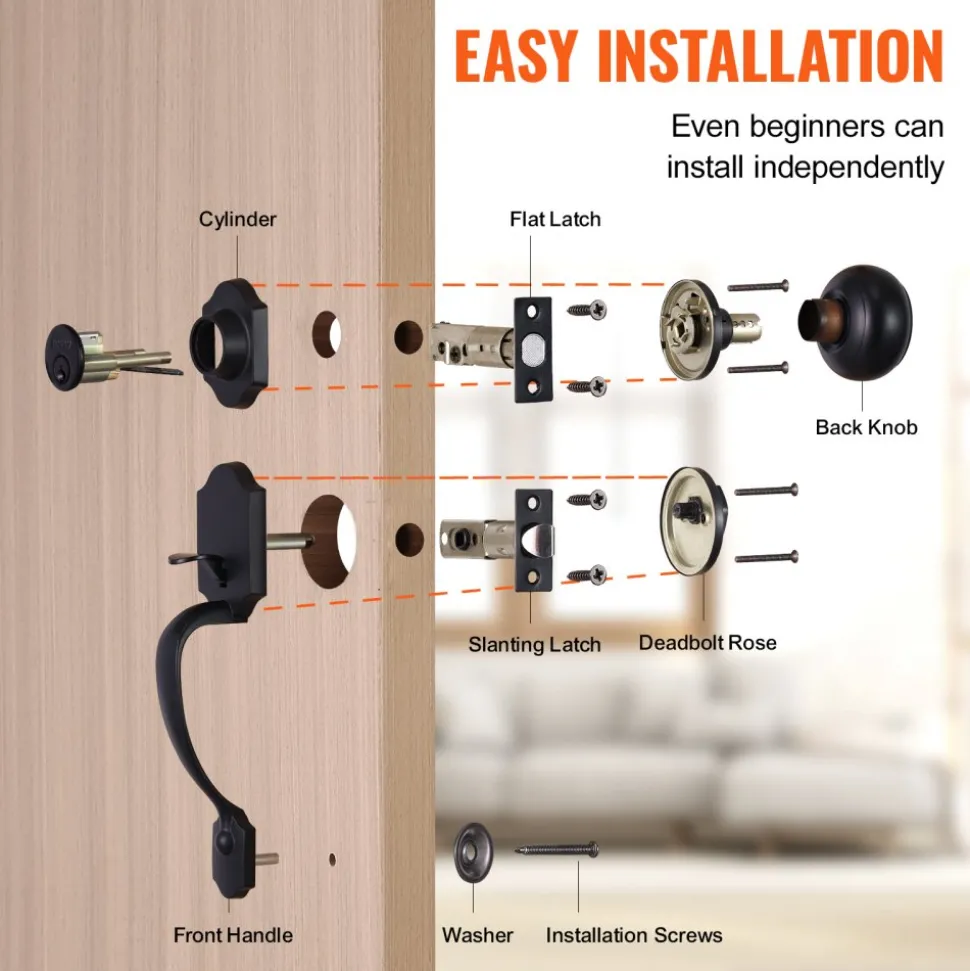 VEVOR Front Door Handle and Deadbolt Set, Matte Black Front Door Lock Set with Interior Knob, Adjustable Hole Spacing Single Cylinder Handleset, for Right and Left Handed Entrance and Front Door