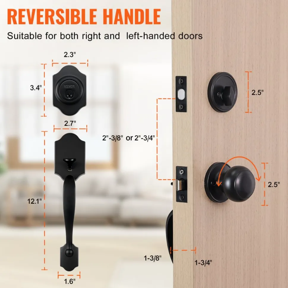 VEVOR Front Door Handle and Deadbolt Set, Matte Black Front Door Lock Set with Interior Knob, Adjustable Hole Spacing Single Cylinder Handleset, for Right and Left Handed Entrance and Front Door