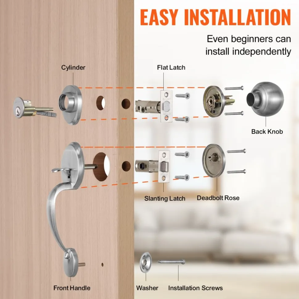 VEVOR Front Door Handle and Deadbolt Set, Satin Nickel Front Door Lock Set with Interior Knob, Adjustable Hole Spacing Single Cylinder Handleset, for Right and Left Handed Entrance and Front Door
