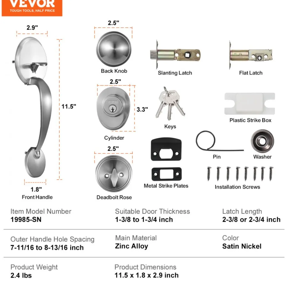 VEVOR Front Door Handle and Deadbolt Set, Satin Nickel Front Door Lock Set with Interior Knob, Adjustable Hole Spacing Single Cylinder Handleset, for Right and Left Handed Entrance and Front Door
