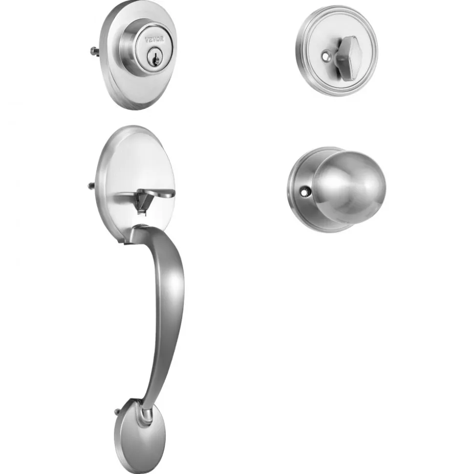 VEVOR Front Door Handle and Deadbolt Set, Satin Nickel Front Door Lock Set with Interior Knob, Adjustable Hole Spacing Single Cylinder Handleset, for Right and Left Handed Entrance and Front Door