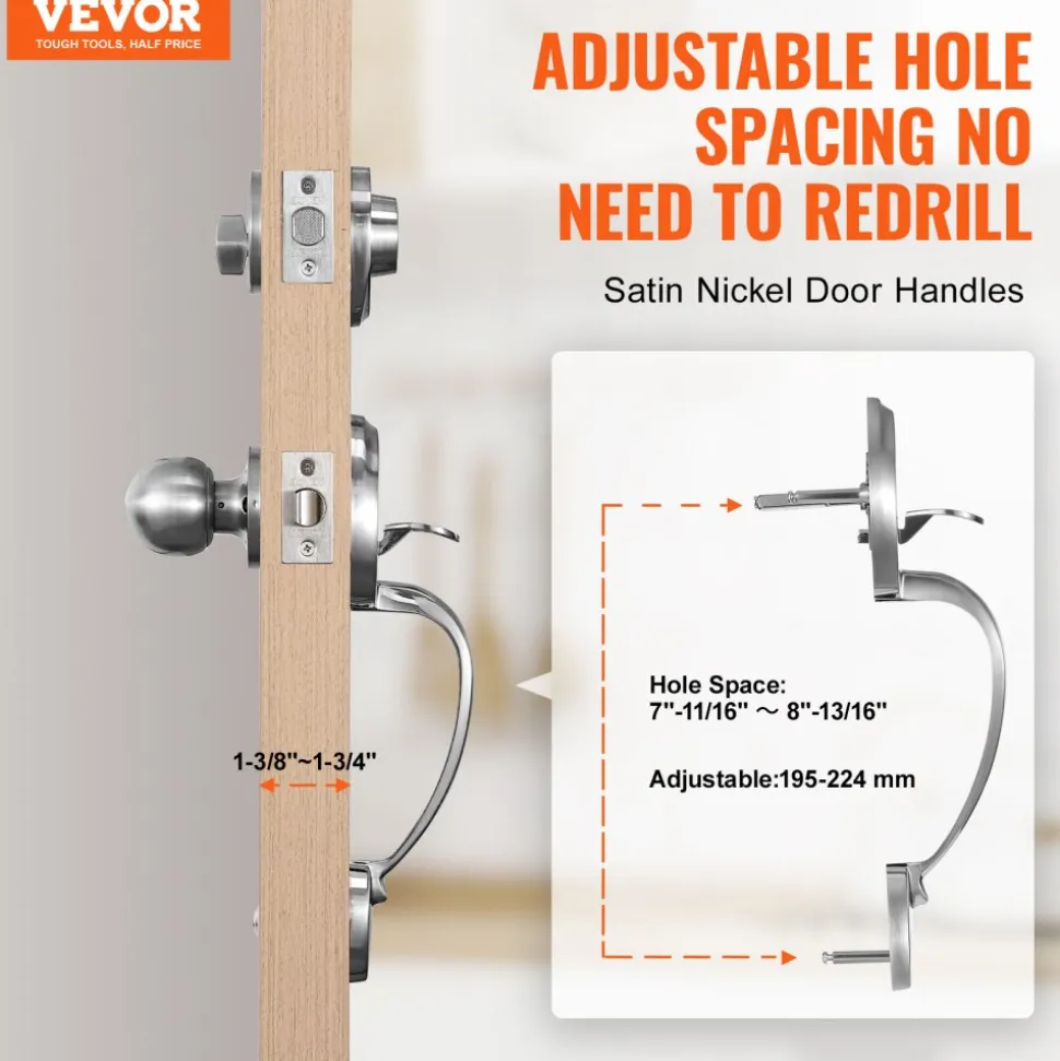 VEVOR Front Door Handle and Deadbolt Set, Satin Nickel Front Door Lock Set with Interior Knob, Adjustable Hole Spacing Single Cylinder Handleset, for Right and Left Handed Entrance and Front Door