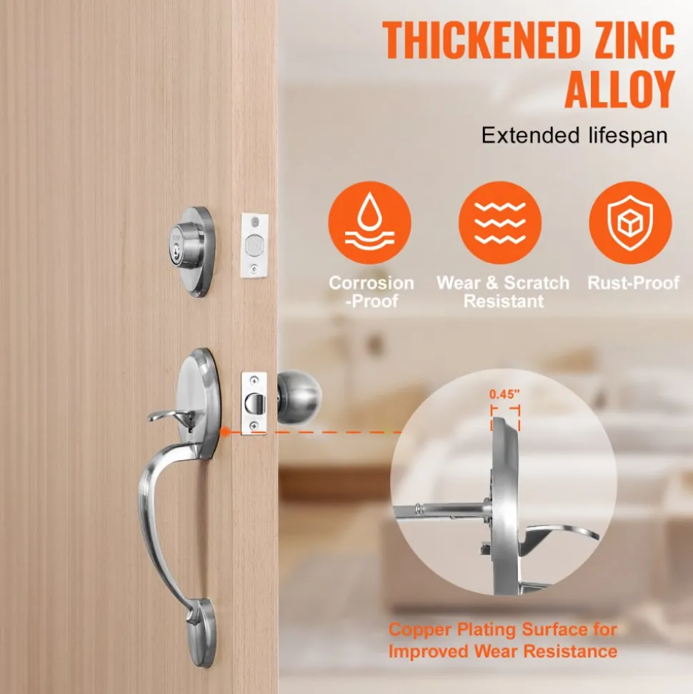 VEVOR Front Door Handle and Deadbolt Set, Satin Nickel Front Door Lock Set with Interior Knob, Adjustable Hole Spacing Single Cylinder Handleset, for Right and Left Handed Entrance and Front Door