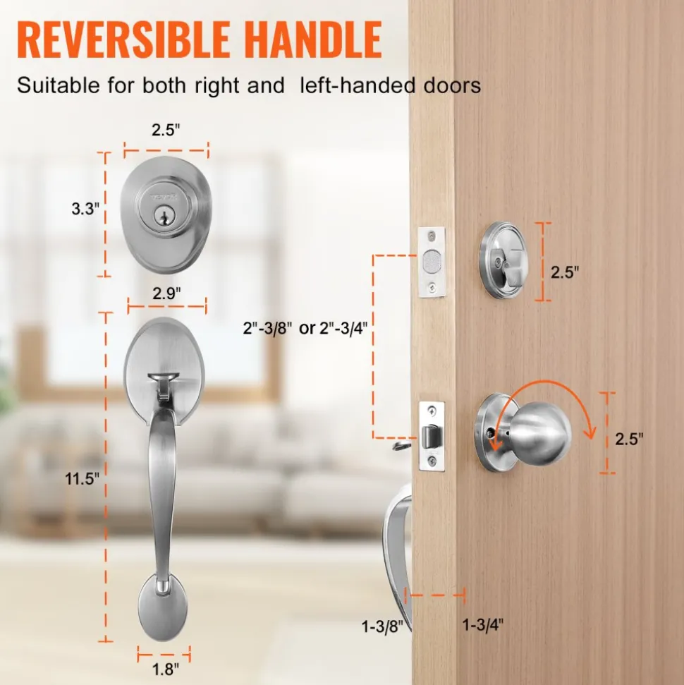 VEVOR Front Door Handle and Deadbolt Set, Satin Nickel Front Door Lock Set with Interior Knob, Adjustable Hole Spacing Single Cylinder Handleset, for Right and Left Handed Entrance and Front Door