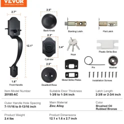 VEVOR Front Door Handle and Deadbolt Set, Front Door Lock Set with Interior Knob, Adjustable Hole Spacing Single Cylinder Handleset, for Right and Left Handed Entrance, Brushed Oil Rubbed Bronze