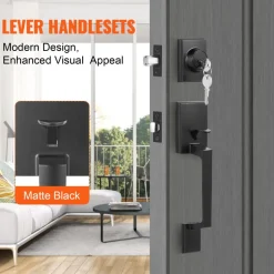 VEVOR Front Door Handle and Deadbolt Set, Square Entry Handle Set with Lever, Single Cylinder, Adjustable Hole Space, Reversible for Right and Left Handed Entrance and Front Doors, Matte Black