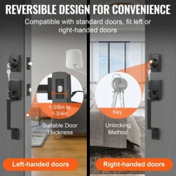 VEVOR Front Door Handle and Deadbolt Set, Square Entry Handle Set with Lever, Single Cylinder, Adjustable Hole Space, Reversible for Right and Left Handed Entrance and Front Doors, Matte Black