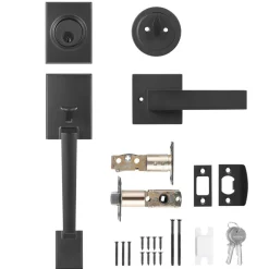 VEVOR Front Door Handle and Deadbolt Set, Square Entry Handle Set with Lever, Single Cylinder, Adjustable Hole Space, Reversible for Right and Left Handed Entrance and Front Doors, Matte Black