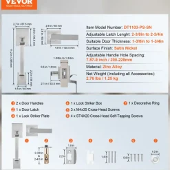 VEVOR Front Door Handle, Square Entry Handle Set with Lever, No Lock, Adjustable Hole Space, Zinc Alloy Die-Casting, Reversible for Right and Left Handed Entrance and Front Doors, Satin Nickel