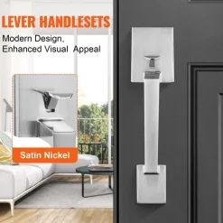VEVOR Front Door Handle, Square Entry Handle Set with Lever, No Lock, Adjustable Hole Space, Zinc Alloy Die-Casting, Reversible for Right and Left Handed Entrance and Front Doors, Satin Nickel