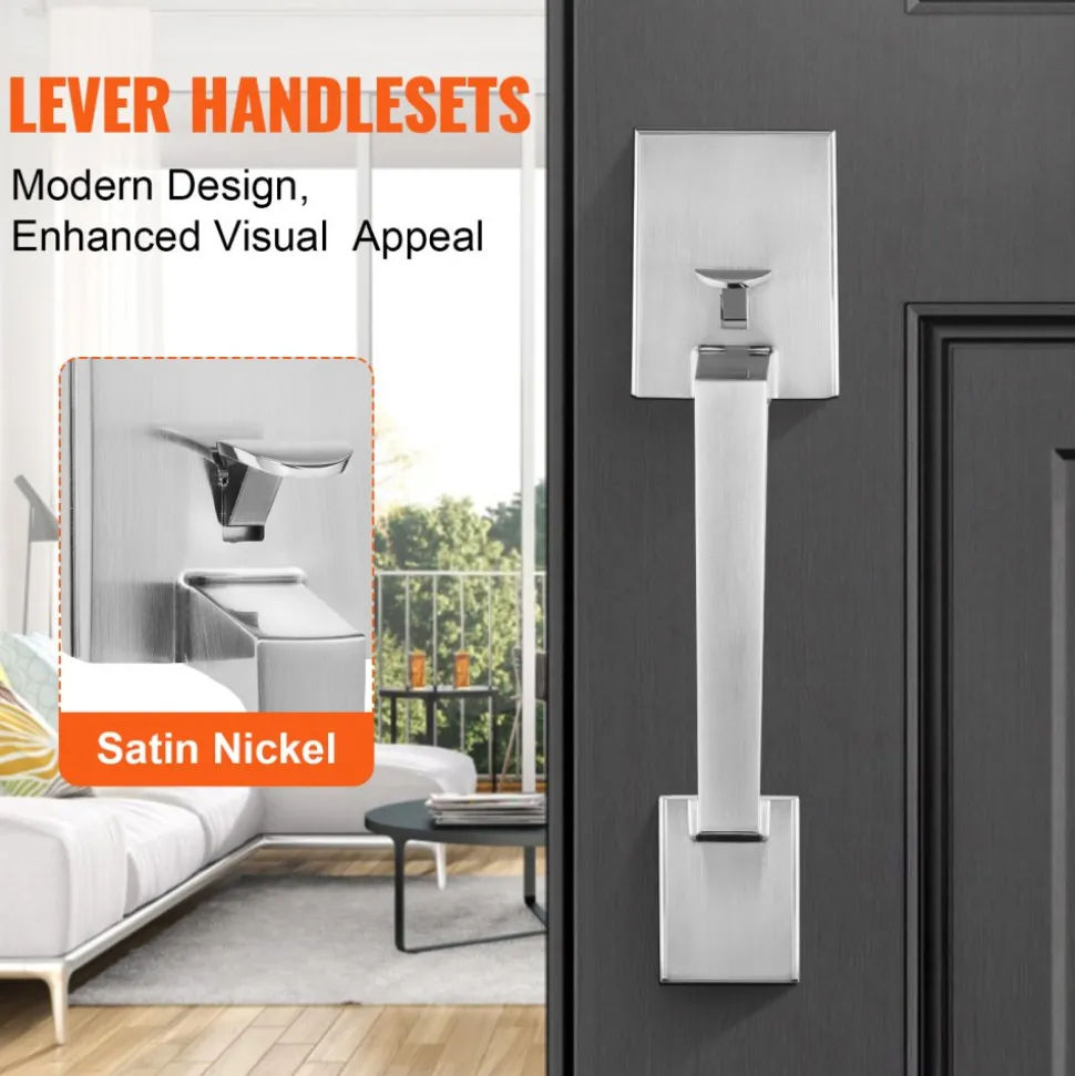 VEVOR Front Door Handle, Square Entry Handle Set with Lever, No Lock, Adjustable Hole Space, Zinc Alloy Die-Casting, Reversible for Right and Left Handed Entrance and Front Doors, Satin Nickel