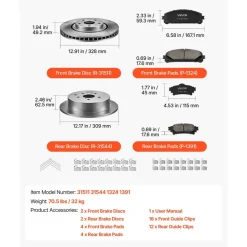 VEVOR Front & Rear Brake Kit Ceramic Brake Pads & Hollow Brake Rotors Kit, Compatible with 2010-2015 Lexus RX350, 2010-2015 Lexus RX450H, 2015-2019 Toyota Highlander, 2011-2020 Toyota Sienna