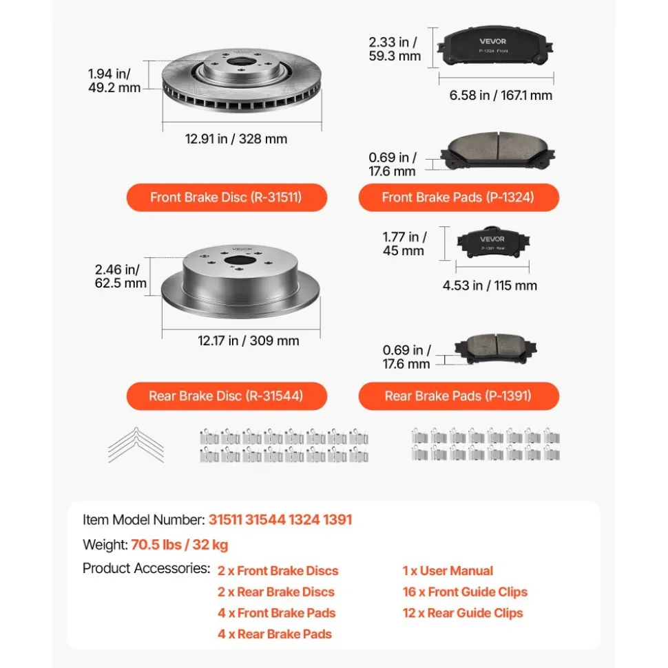 VEVOR Front & Rear Brake Kit Ceramic Brake Pads & Hollow Brake Rotors Kit, Compatible with 2010-2015 Lexus RX350, 2010-2015 Lexus RX450H, 2015-2019 Toyota Highlander, 2011-2020 Toyota Sienna