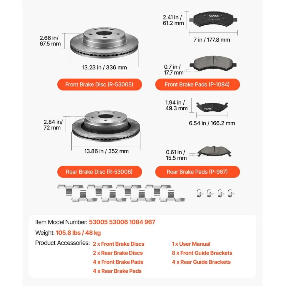 VEVOR Front & Rear Brake Kit Ceramic Brake Pads and Drilled Slotted Rotors, Compatible with 2012-2017 Toyota Camry, 2013-2018 Toyota Avalon, 2013-2018 Lexus ES 350, 2013-2018 Lexus ES 300h