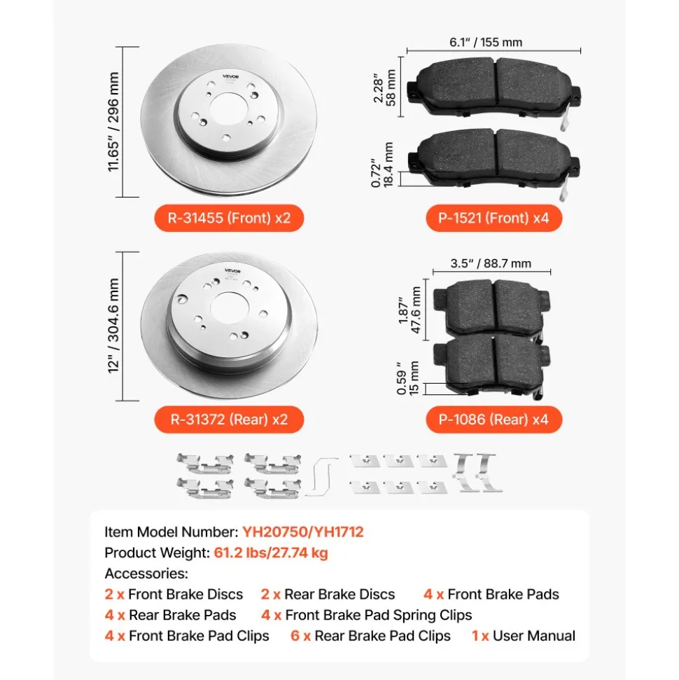 VEVOR Front & Rear Brake Kit Compatible with 2012-2016 Honda CR-V (AWD Models), Ceramic Brake Replacement Kits, 12 inch Hollow Structure Front Rotors, 12 inch Solid Structure Rear Rotors, R-31455