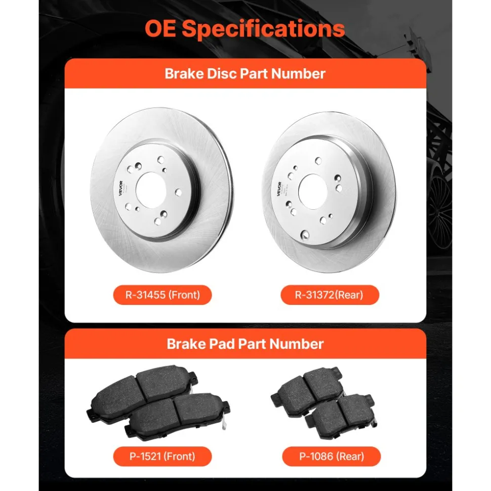 VEVOR Front & Rear Brake Kit Compatible with 2012-2016 Honda CR-V (AWD Models), Ceramic Brake Replacement Kits, 12 inch Hollow Structure Front Rotors, 12 inch Solid Structure Rear Rotors, R-31455