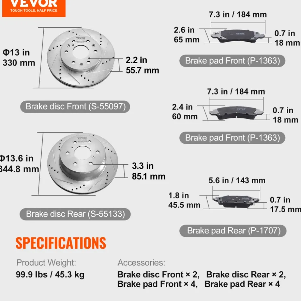 VEVOR Front Rear Brake Kit for 2014-2018 Chevy Silverado GMC Sierra 1500, 2015-2020 Suburban Tahoe Yukon XL Escalade ESV, Drilled & Slotted Brake Rotors Ceramic Brake Pads Replacement Kit