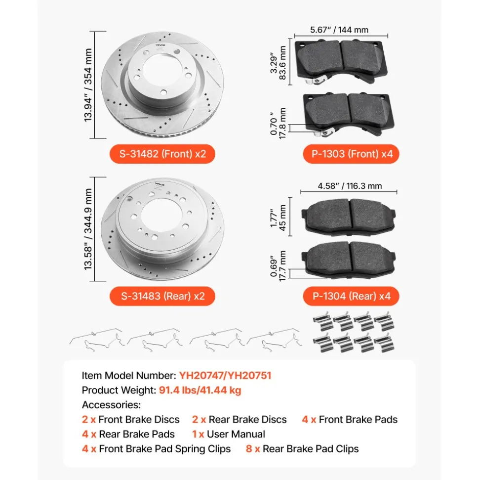 VEVOR Front & Rear Ceramic Brake Kit Compatible with 2016-2021 Lexus LX570, 2016-2021 Toyota Land Cruiser, Drilled and Slotted Brake Rotors Ceramic Brake Pads Replacement Kit, 14 inch Front Rotors