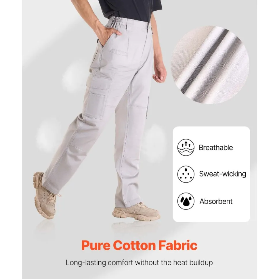 VEVOR FR Pants for Men, 9 oz 100% Cotton, Flame-Resistant Cargo Pants with Multi-Pockets and Elastic Waist, Reinforced Tear-proof Stitching, Ideal for Welding Work and Casual Wear, M Size, Gray