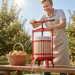 VEVOR Fruit Wine Press, 4.75Gal/18L Manual Juice Maker, Solid Beech Wood Basket, Vintage Traditional Juicer with 2 Filter Bags, Heavy Duty T-Shaped Handle Bar for Cider Apple Grape Press, Kitchen Home