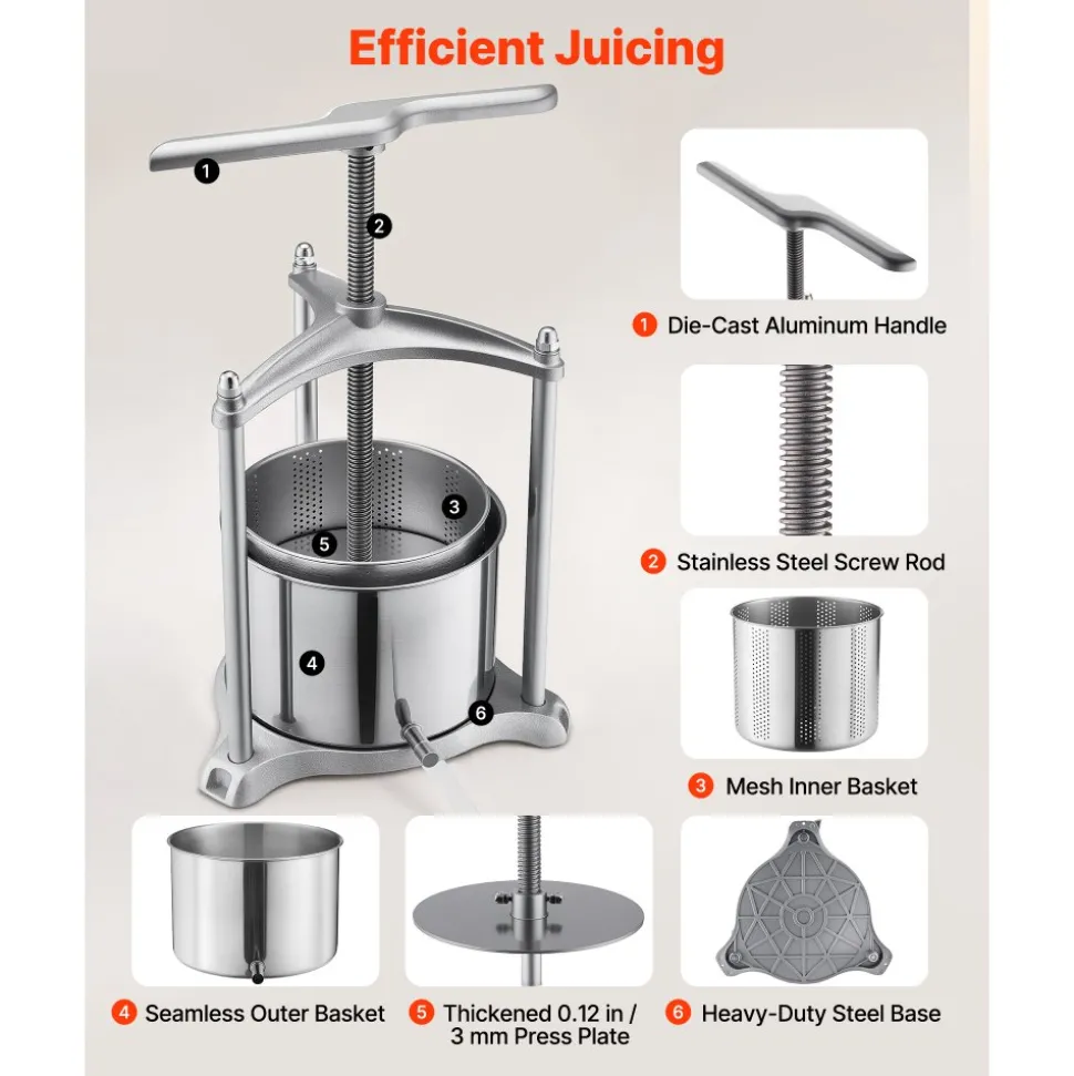 VEVOR Fruit Wine Press, 1.6 Gallon/6L, Stainless Steel Manual Juice Maker with Powerful T-Shaped Handle, Juice Making for Apple/Grape/Orange/Berry, Cheese/Tincture/Herbal Press, for Kitchen Home