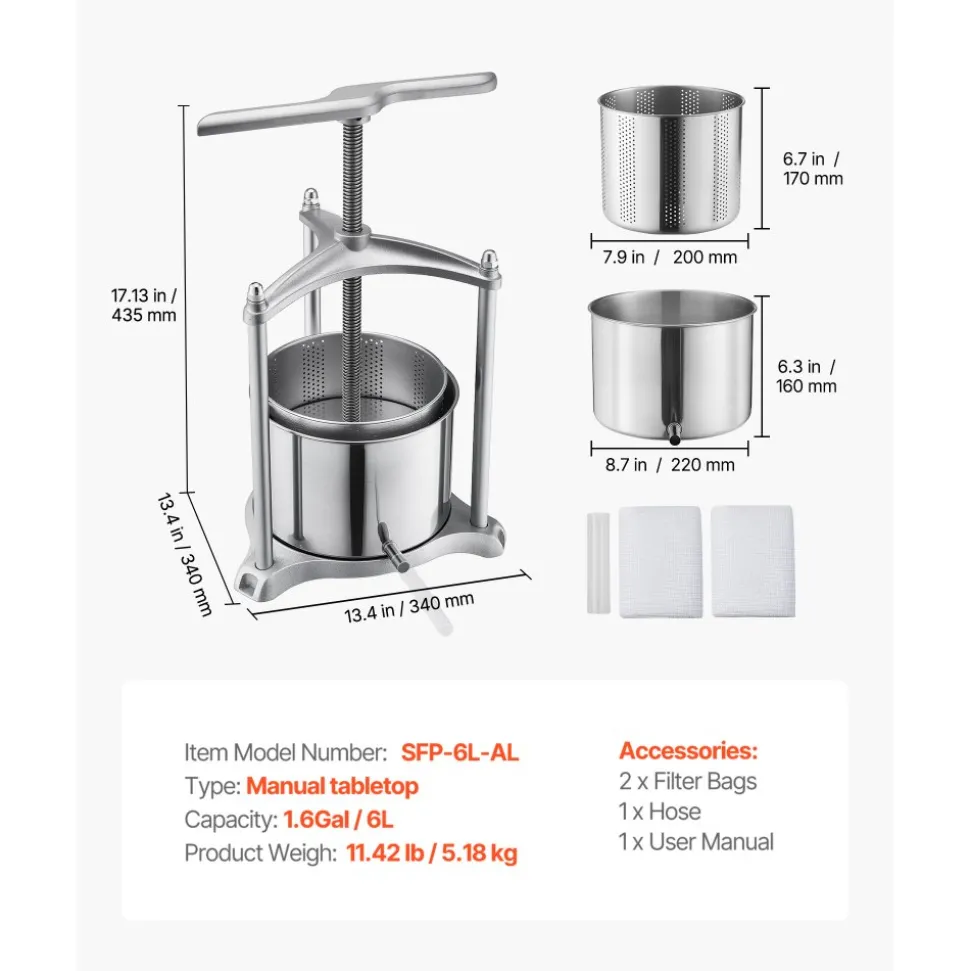 VEVOR Fruit Wine Press, 1.6 Gallon/6L, Stainless Steel Manual Juice Maker with Powerful T-Shaped Handle, Juice Making for Apple/Grape/Orange/Berry, Cheese/Tincture/Herbal Press, for Kitchen Home