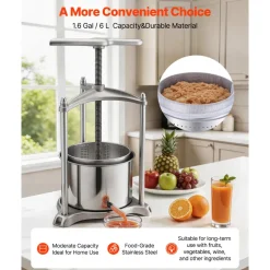 VEVOR Fruit Wine Press, 1.6 Gallon/6L, Stainless Steel Manual Juice Maker with Powerful T-Shaped Handle, Juice Making for Apple/Grape/Orange/Berry, Cheese/Tincture/Herbal Press, for Kitchen Home