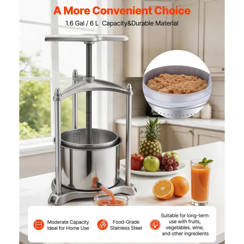 VEVOR Fruit Wine Press, 1.6 Gallon/6L, Stainless Steel Manual Juice Maker with Powerful T-Shaped Handle, Juice Making for Apple/Grape/Orange/Berry, Cheese/Tincture/Herbal Press, for Kitchen Home