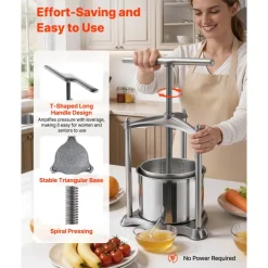 VEVOR Fruit Wine Press, 1.6 Gallon/6L, Stainless Steel Manual Juice Maker with Powerful T-Shaped Handle, Juice Making for Apple/Grape/Orange/Berry, Cheese/Tincture/Herbal Press, for Kitchen Home