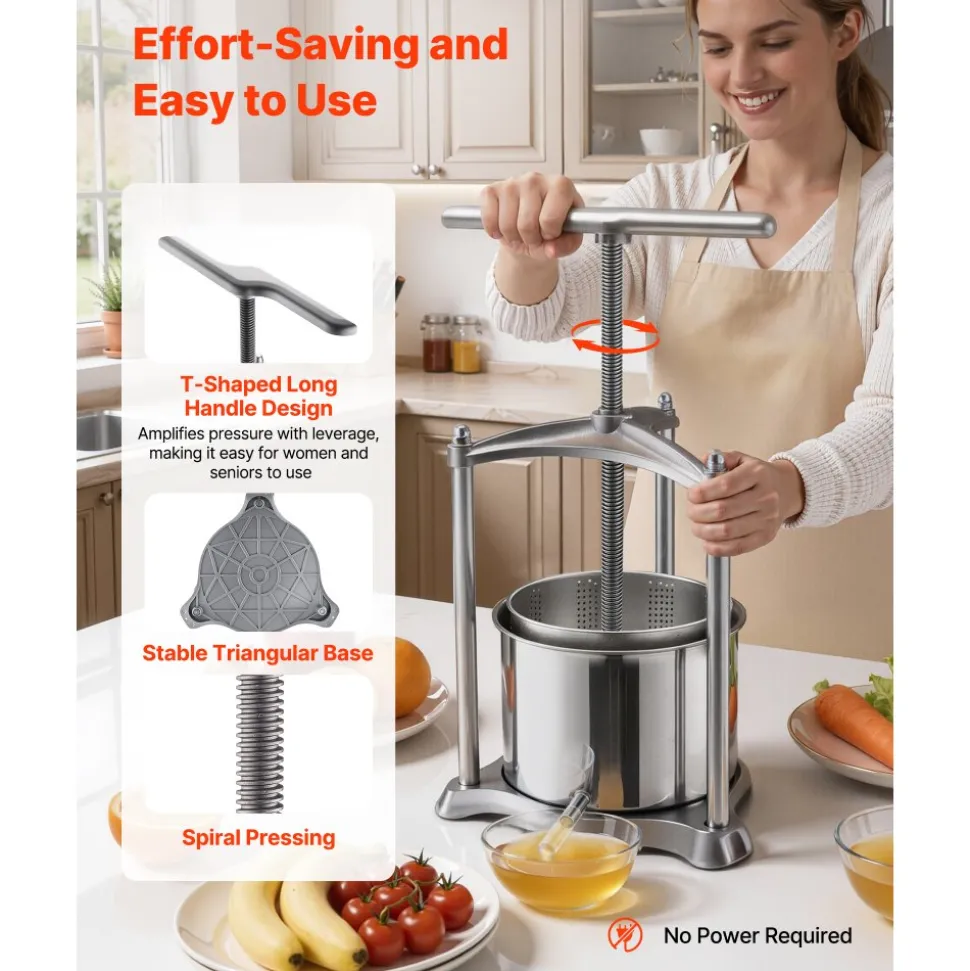 VEVOR Fruit Wine Press, 1.6 Gallon/6L, Stainless Steel Manual Juice Maker with Powerful T-Shaped Handle, Juice Making for Apple/Grape/Orange/Berry, Cheese/Tincture/Herbal Press, for Kitchen Home