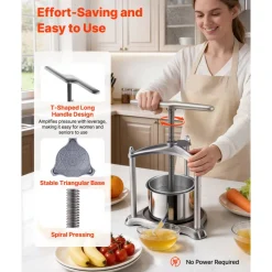 VEVOR Fruit Wine Press, 0.8 Gallon/3L, Stainless Steel Manual Juice Maker with Powerful T-Shaped Handle, Juice Making for Apple/Grape/Orange/Berry, Cheese/Tincture/Herbal Press, for Kitchen Home